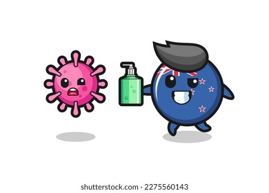 illustration of new zealand flag badge character chasing evil virus with hand sanitizer , cute style design for t shirt, sticker, logo element