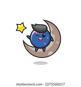 illustration of new zealand flag badge cartoon sitting on the half moon , cute style design for t shirt, sticker, logo element
