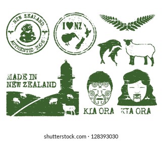 Illustration of New Zealand icons grunge style, vector