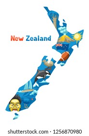 Illustration of New Zealand map. Oceanian traditional symbols and attractions.