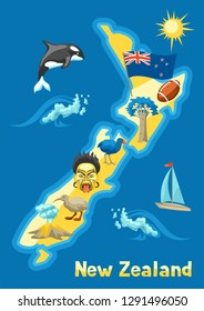 Illustration of New Zealand map. Oceanian traditional symbols and attractions.