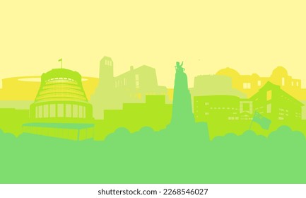 Illustration of new zealand wellington city silhouette with various buildings, monuments, tourist attractions