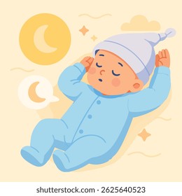 Illustration of a newborn baby peacefully sleeping in blue pajamas and a nightcap, surrounded by dreamy moon and stars elements in a soft, pastel background.