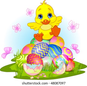 Illustration of newborn duckling sitting on Easter eggs