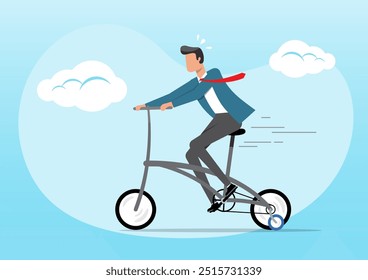 An illustration of newcomer businessman practice riding bicycle with training wheels. Practice, training or effort for career growth. Business success or start new business concept