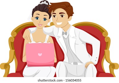 Ilustración de una pareja recién casada comprobando algo con su portátil