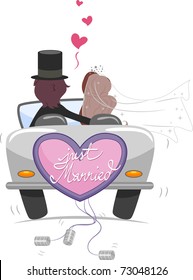 Illustration of a Newlywed Couple Driving Away