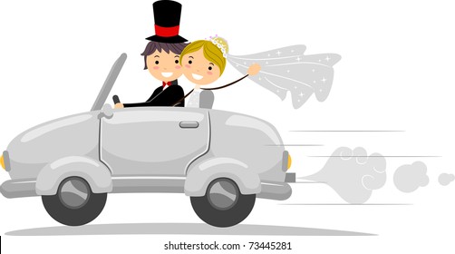 Illustration of a Newlywed Couple Driving Away