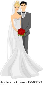 Illustration of a Newlywed Couple Posing for a Photo