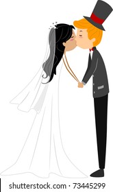 Illustration of a Newlywed Couple Sharing a Kiss