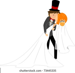 Illustration of a Newlywed Couple Sharing a Kiss