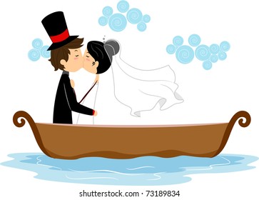 Illustration of Newlyweds Kissing in a Boat