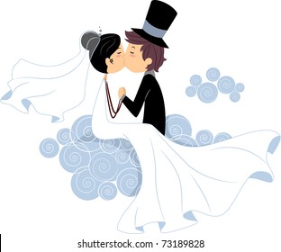 Illustration of Newlyweds Sharing a Kiss