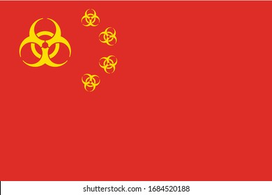 Illustration for news about outbreak coronavirus COVID-19 in China. Vector illustration of a Chinese flag with a biohazard symbols instead stars