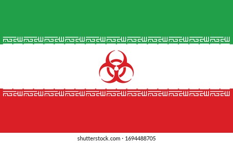 Illustration for news about outbreak coronavirus COVID-19 in Iran. Vector illustration of a Iranian flag with a biohazard symbols instead of a red emblem