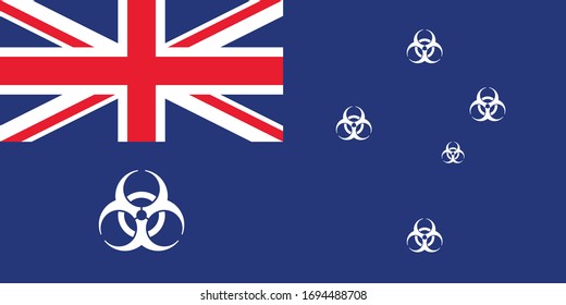 Illustration for news about outbreak coronavirus COVID-19 in Australia. Vector illustration of a Australian flag with a biohazard symbols instead of a stars