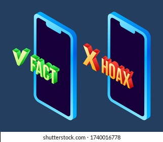 Illustration Of News Icon Facts And Hoax. The Concept Of Spreading Fake News, Jurnalist On The Internet And Social Media. Campaign To Stop The Hoax And Check The News. Vector In 3d Isometry Style