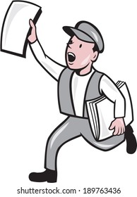 Illustration of a newsboy shouting selling newspaper running on isolated background done in cartoon style.