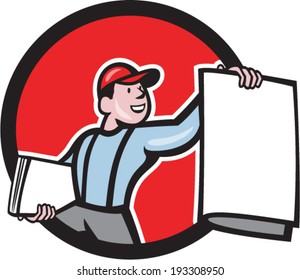 Illustration of a newsboy shouting selling newspaper set inside circle on isolated background done in cartoon style.