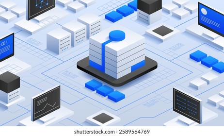 Illustration of a next-generation data hub with interconnected servers and cutting-edge cooling systems, highlighting innovation in digital infrastructure and efficient data processing