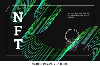 Illustration for NFT, made in a modern technological style, with neon colors: blue, green. Gradients, abstract fractal elements in cyberpunk style on a black background.