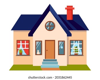 Illustration of a nice cozy house in a flat style. There is a lawn in front of the house. There are flowers on the windows and a white cat is sitting. Vector illustration