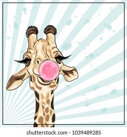 Illustration with a nice giraffe, which chewing gum.