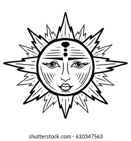 Illustration with nice hand drawn sun symbol. Invitation element. Tattoo design. Drawing for coloring book. Heraldry and logo concept art.