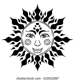 Illustration with nice hand drawn sun. Invitation element. Tattoo design. Drawing for coloring book. Heraldry and logo concept art.
