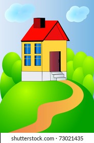 illustration nice house on hillock with track