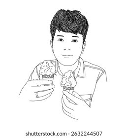 Illustration of a nice man holding to ice cream cone with a smile design black line art