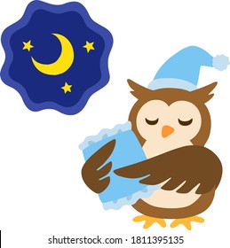 Illustration of night background with owl holding pillows and closed eyes
