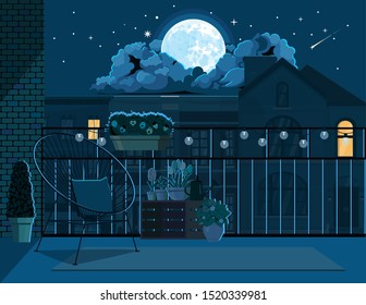 Illustration of a night balcony illuminated by moonlight.