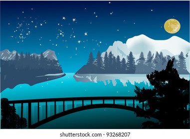 illustration with night bridge in winter landscape