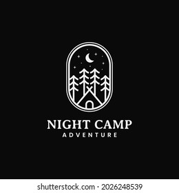 Illustration night Camping with pine tree and moon stars simple line art style logo design