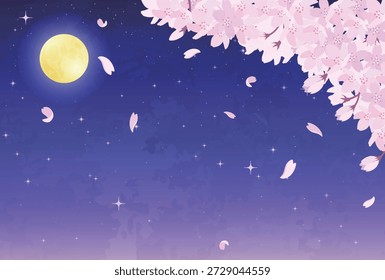 Ilustração de Flores de Cereja Noturna, Lua Cheia e Céu Estrelado