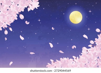 Ilustração de Flores de Cereja Noturna, Lua Cheia e Céu Estrelado