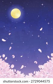Illustration von nächtlichen Kirschblüten, Vollmond und Sternenhimmel