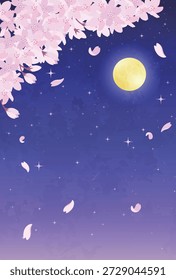 Illustration von nächtlichen Kirschblüten, Vollmond und Sternenhimmel