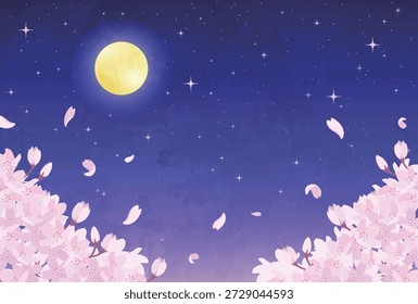 Ilustração de Flores de Cereja Noturna, Lua Cheia e Céu Estrelado