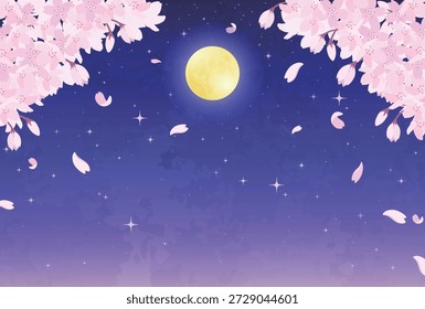 Ilustração de Flores de Cereja Noturna, Lua Cheia e Céu Estrelado