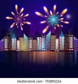 Illustration of a night city with a bright salute