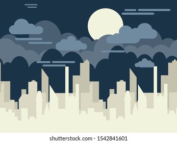 Illustration of night city houses flat shapes. Clouds and moon on a dark background. Element for design. Banner. Poster.