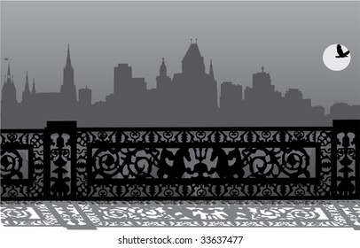 illustration with night city landscape and fence