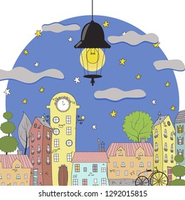 illustration of night city landscape on dark blue sky background with big lantern - vector illustration, eps