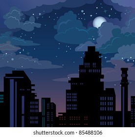 Illustration With Night City On Blue Sky With Stars And Moon