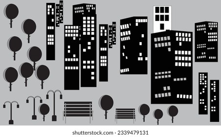 Illustration of a night city and a park with trees on a gray background.