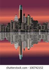illustration with night city with reflection silhouette