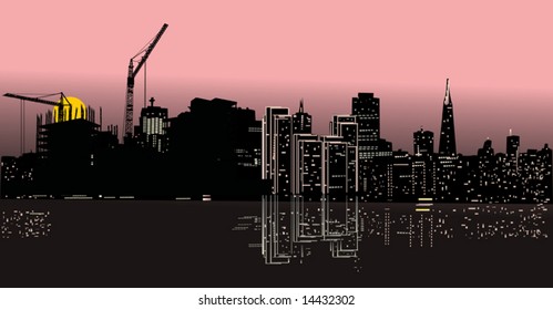 illustration with night city with reflection silhouette