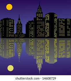 illustration with night city with reflection silhouette